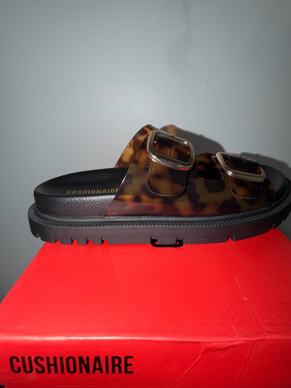 Cushionaire Women’s Tortoiseshell Double-Buckle Slide Sandals - Brown/Black